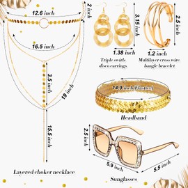 Kigeli 5 Pcs 70s Disco Accessories Cuff Bracelet Swirl Disco Earrings Sunglasses Layered Choker Necklace Sequin Headband (Gold)
