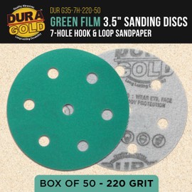 Dura-Gold Premium 220 Grit 3.5" (90mm) Green Film Sanding Discs, 7-Hole Pattern, Box of 50 - Fits Festool RO 90 Rotex Hook & Loop Backing Sandpaper for Random Orbital Sander, Auto Paint Wood Furniture
