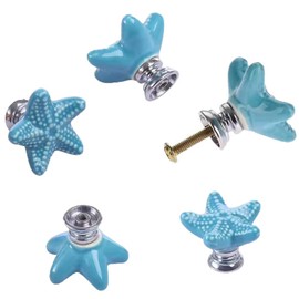 ZILucky Starfish Ceramic Drawer Pulls Handles for Nursery Dresser Cupboard Wardrobe Cabinet Kitchen Beach Ocean Theme Knobs Pack of 6 (Blue)