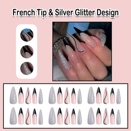 ANDGING Stiletto Press on Nails Black Medium Long French Tip Fake Nails Acrylic Glue on Nails with Silver Glitter Design Women False Nails with Glue Manicure Gel Stick on Nails for Wedding Birthday