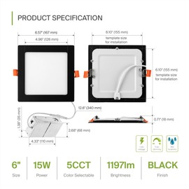 ASD 6 Pack LED Square Recessed Lighting 6 Inch, 5 CCT 2700K-5000K CRI90+, 15W 60W Eqv, Ultra Thin Dimmable Ceiling Lights with J Box, Canless Wafer Downlight, Slim Panel Light, UL Energy Star, Black