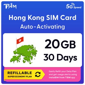 Hong Kong SIM Card | 20GB Super Economy Refillable Plan! Auto Activating 30 Day Validity | 5G Speed + Hotspot | Data-Only No Phone Number