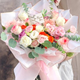 20 Sheets Bouquet of Wrapping Paper (with Ribbon, Card and Scissors), 58 x 58 cm, Pink Florist Flower Paper, Waterproof Bouquet Paper for Gifts, Flowers and Crafts