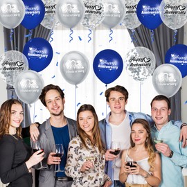 Woosytoo Happy Anniversary Balloons 18Pcs Blue Silver Anniversary Party Decorations for Women Men Blue Silver 12Inch Metallic Confetti Anniversary Balloons for Indoor Outdoor Party Supplies