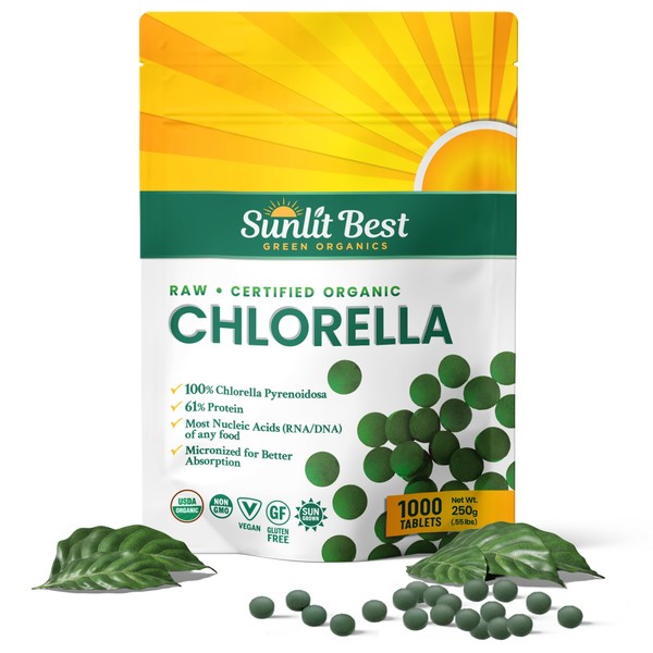 Sunlit Best USDA Organic Premium Chlorella Tablets 1000 Tabs | 100% Pure Chlorella Superfood Supplement High in Protein, Chlorophyll, Vitamins, & Minerals | Supports Good Health, Wellbeing