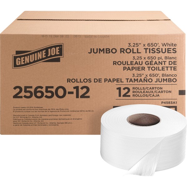 Genuine Joe 2-ply Jumbo Roll Dispenser Bath Bathroom Tissue, 12 Count (Pack of 1), White