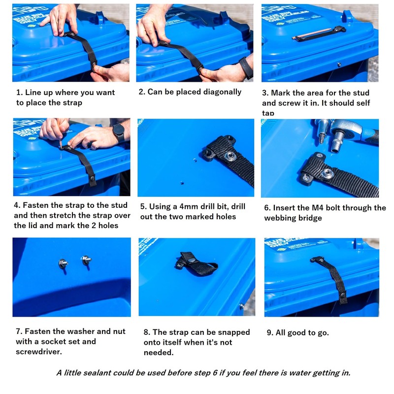 3pcs Wheelie bin lid lock strap with webbing bridge for