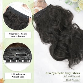 Morichy Invisible Wire Hair Extensions 14inch Short Wavy Synthetic Hair Extensions Clip in with Transparent Wire Adjustable Size Upgrade 4 Secure Clips Natural Brown Hairpieces for Women (Dark Brown)