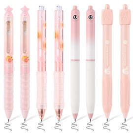BAYTORY 8Pcs Cute Stationery Gel Pens, Retractable Fine Point Pen, 0.5mm Quick-dry Black Ink, Smooth Writing No Bleed for Journaling (Pink Pen Shafts)