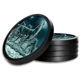 Silicone Non-Slip Drink Coasters with Removable Printed Absorbent Felt Pad - Set of 4 - Wolf Painting