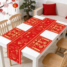 YVAINE 5Pcs Chinese New Year Decorations 2026 Lunar New Year Placemats and Table Runner, Spring Festival Kitchen Dining Red Gold Disposable Burlap Table Decoratio for Year of The Horse Party Supplies