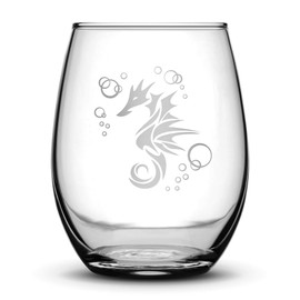 Integrity Bottles Premium Seahorse Stemless Wine Glass, Hand Etched 14.2 oz Unique Gifts, Made in USA, Sand Carved