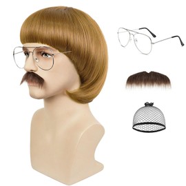 Yargel Hair Light Brown Bowl Cut Wig + Glasses + Mustache + Wig Cap for Men 60s 70s Retro Mushroom Wig With Bangs Unisex Funny Crazy Wigs for Daily Halloween Costume Cosplay Party