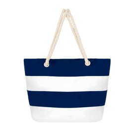 TOPTIE Women Striped Canvas Tote Shoulder Beach Bag with Inner Zipper Pocket and Rope Handle for Travel, Shopping-Blue/White