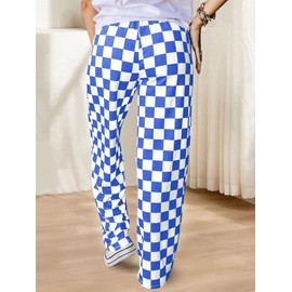 IYOWEL Womens Checkered Pants Y2K Pajama Pants Elastic Waist Wide Leg Lounge Pants Comfy Pj Bottoms with Pockets Loungewear Blue White XL