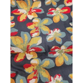Unknown Linen Navy Blue Cross-Stitch Floral Burst Fabric by the yard