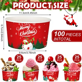 Domensi 100 Pcs Christmas Treat Snack Cups 12 oz Xmas Themed Paper Treat Food Snack Disposable Paper Bowls Holiday Ice Cream Snack Bowls for Parties Merry Christmas Paper Dessert Cups for Party