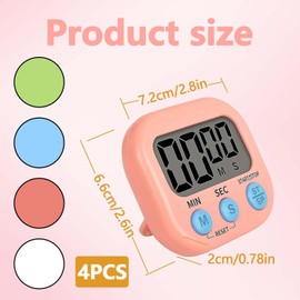 4PCS Digital Timer, Timer Clock Kitchen Timers for Cooking Minute Seconds Count Up Countdown for Kids Kitchen Cooking Classroom Gym Study Teeth Cleaning Kids Children (Blue-Green-Pink-White).