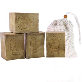 TUMELO Original Aleppo Soap 4 x 200 g (800 g) 95% Olive Oil 5% Laurel Oil + Sisal Soap Bag, Handmade Olive Oil Soap Natural Soap