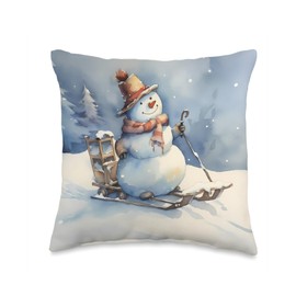 Snowman Sledding Down Hill Snowman Riding A Sled, Snow, Sliding Throw Pillow, 16x16, Multicolor