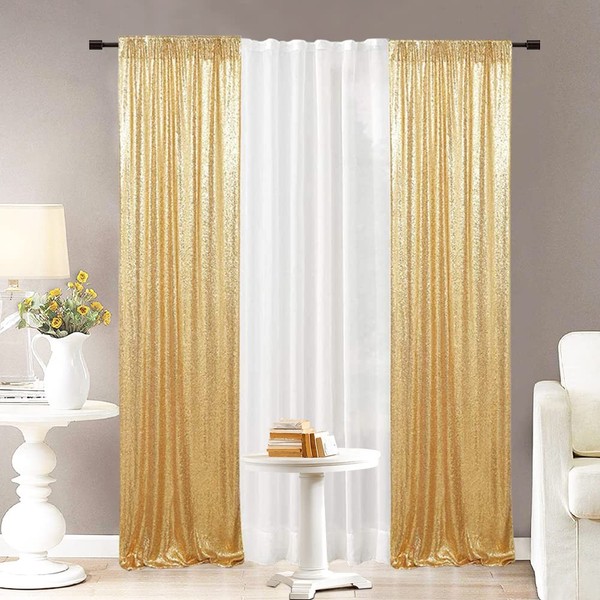 Eternal Beauty 2 PCS Sequin Curtains Gold Sequin Wedding Curtain Backdrop for Christmas Party, Birthday (Gold 3FTx7FT)