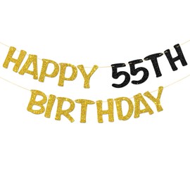 Happy 55th Birthday Banner - Adult 55th Birthday Party Garland Supplies - Cheers to 55 Years Party Decorations - Gold Black Glitter