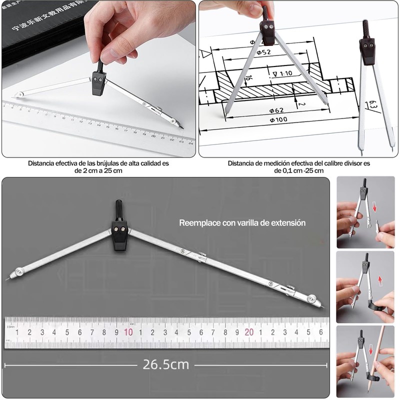 WOAZNSK Geometrico Juego de Compás,25 piezas Juego de Geometría Profesional,brújula