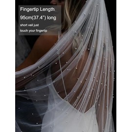 ELAWBTY 1 Tier Pearl Fingertip Length Wedding Bridal Veil With Metal Comb White F55