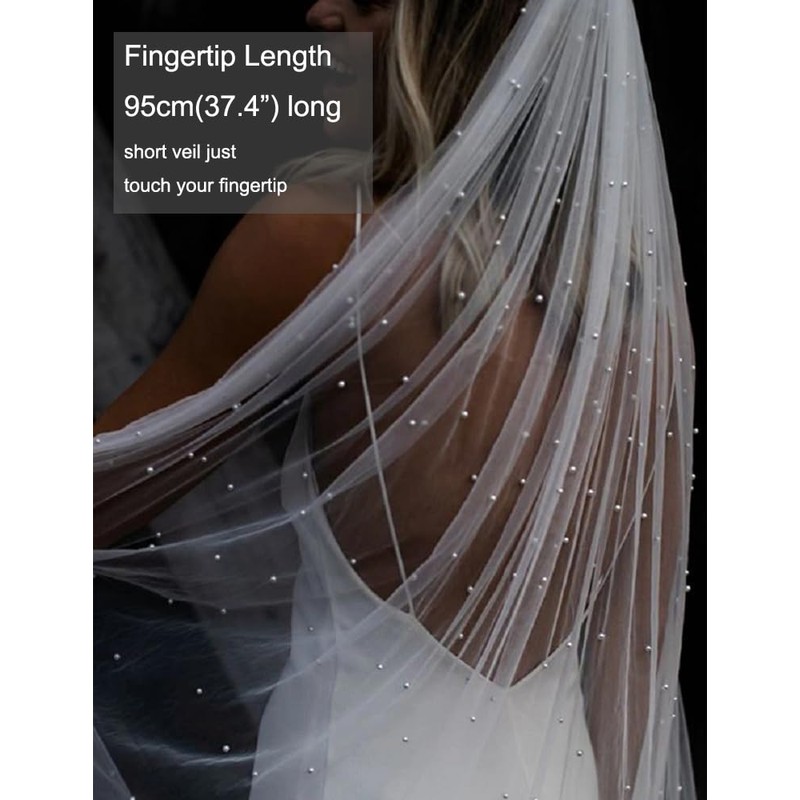 ELAWBTY 1 Tier Pearl Fingertip Length Wedding Bridal Veil With