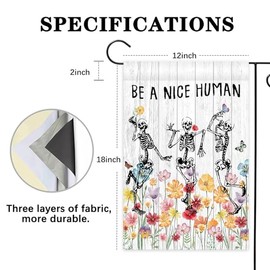 Avezano Avezano Be A Nice Human Garden Flag Skeleton Skull Wildflower Outdoor Yard Flag Spring and Summer Floral Flag for Garden Decor Funny Outdoor Flag 12x18 Inch
