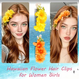 CUBACO 2 PCS Hawaiian Flower Hair Clips for Women Girls, Yellow & Orange Tropical Plumeria Hibiscus Clips for Think Thin Hair, Artificial Flower Accesories for Summer Vacation Beach Party