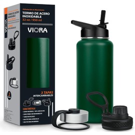 VIORA Termo de Acero Inoxidable para Café y Agua 950 ml (32 oz) Contiene 3 Tapas para Diferentes tipos de Bebidas, Ideal para Mantener la Temperatura