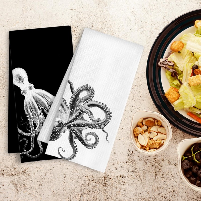 HSIASHENG Black and White Octopus Coastal Kitchen Towels, Beach Nautical