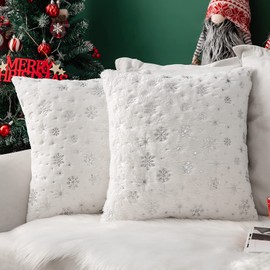 MIULEE Pack of 2 Christmas Cushion Covers Faux Fur Throw Pillow Cover Fluffy Soft Decorative with Snow Patterns Square Pillow Covers Plush Case for Sofa Bedroom 20 x 20 Inches 50 x 50 cm White