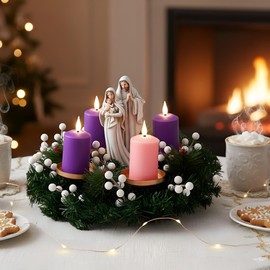 6 Pcs LED Flameless Advent Candle Set Christmas Advent Candles Wreath Holder with Christ Jesus Statue Purple Pink White Battery Operated for Christmas Church Decoration(Green,Short)