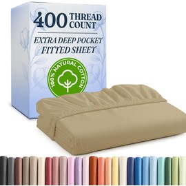 Twin 400 Thread Count Cotton Fitted Sheet - Hotel Quality 100% Cotton - Soft and Wrinkle Free - Deep Pockets - Fits Mattress Perfectly with No Pop-Off Elastic - One Fitted Bottom Sheet Only - Beige