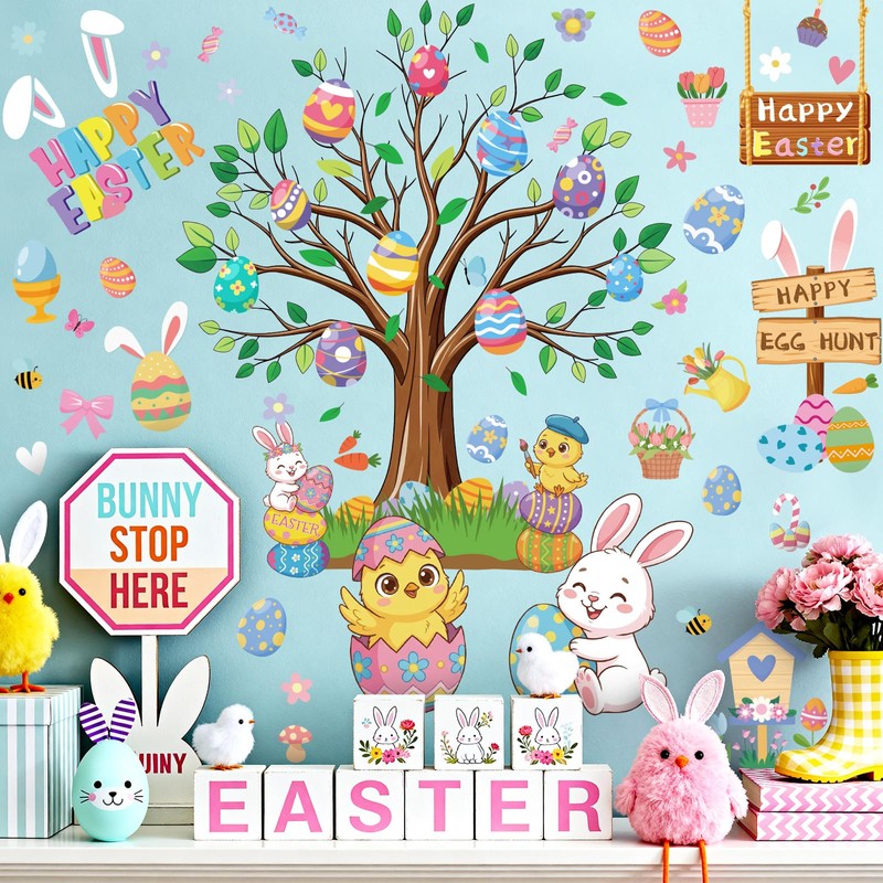 GULWAT 188 PCS Easter Window Clings, Lager PVC Eggs Bunny