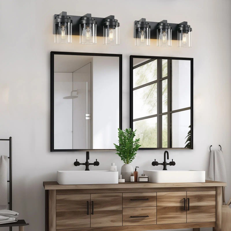 Matte Black 3-Light Bathroom Vanity Light Clear Glass Shade with