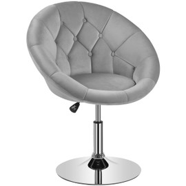 Yaheetech Living Room Vanity Chair Makeup Chair Velvet Round Tufted Back Swivel Accent Chair with Chrome Frame Height Adjustable for Living Room, Makeup Room, Bedroom, Grey