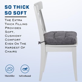 SQUARE MOON D-Shaped 3" Thick Chair Cushions, Chair Pads for Dining Chairs and Kitchen Chairs, Indoor Dining Room Seat Cushions with Ties, Machine Washable, 17" x 16" x 3", Set of 4, Grey