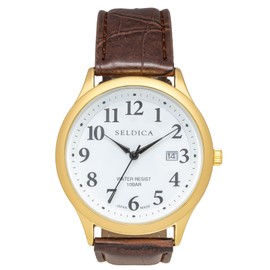 Clefer SD-AM325-WTG Seldika Analog Wristwatch, White Dial, PU Leather Strap, Japanese Movement, Men's Brown