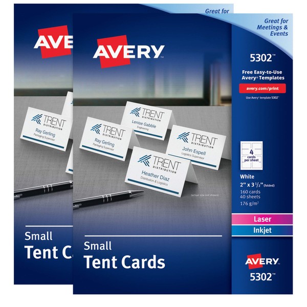 Avery Printable Small Tent Cards, 2" x 3.5", Two-Sided Printing, Matte White, 2 Pack, 320 Cards Total (5812)