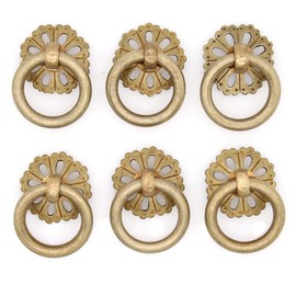 LXZ 6 PCs Vintage Antique Brass Ring Pulls with Hollowed-Out Dome Base - Pure Solid Brass Cabinet Hardware- Ring Size 1.2-in (3 cm)