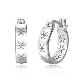 Hoop Earrings for Girls Women 925 Sterling Silver Flower Earrings Hypoallergenic Daisy Earrings Flowers Jewellery for Christmas, Sterling Silver, No Gemstone