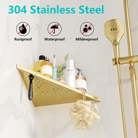 Qeke 10" Bathroom Corner Shelf, 2 Pack Recessed Shower Shelf Caddy, SUS304 Stainless Steel Shelf Wall Mount Triangular, No Drilling Brushed Golden