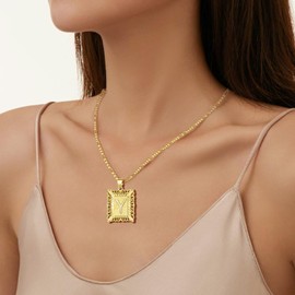 D&K Essentials Initial Necklace for Women and Men 14K Gold Plated Square Letter Pendant with A - Z Capital Monogram on Figaro Chain, Stylish and Hypoallergenic Jewelry