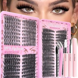 Lash Clusters Kit, Natural 560 Pcs Cluster Eyelash Extensions Kit 9-16mm Individual Lash Extensions Kit D Curl Fluffy Wispy False Eyelashes 40D+60D+80D Kit,With Bond & Seal Tweezers Brush for beginner