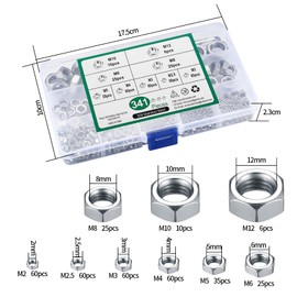 341 Pcs Hex Nut Assortment Set, Self-Locking Lock Nuts, Captive Nut, Stainless Steel Anti-Loose Locknuts, Screwnuts for M2/M2.5/M3/M4/M5/M6/M8/M10/M12
