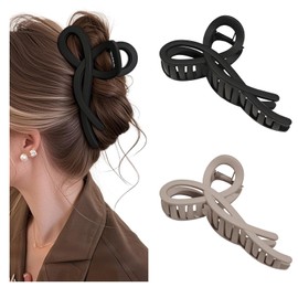 Oneasmot Bow-Ribbon-Shape Hair Claw Clips (2-Pack), Matte Large Hair Barrette for Thin Thick Hair, Elegant Nonslip Strong Hold Hairstyle Plastic Shark Clamps (Black & Light Brown)