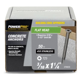 Power Pro 376633 Concrete Screw Anchors, 3/16" x 1-1/4", High-Performance, Code-Approved, Epoxy Coated, Coarse Thread, for Concrete and Masonry, Outdoor Rust Resistant, #410 Stainless Flat, 100pcs